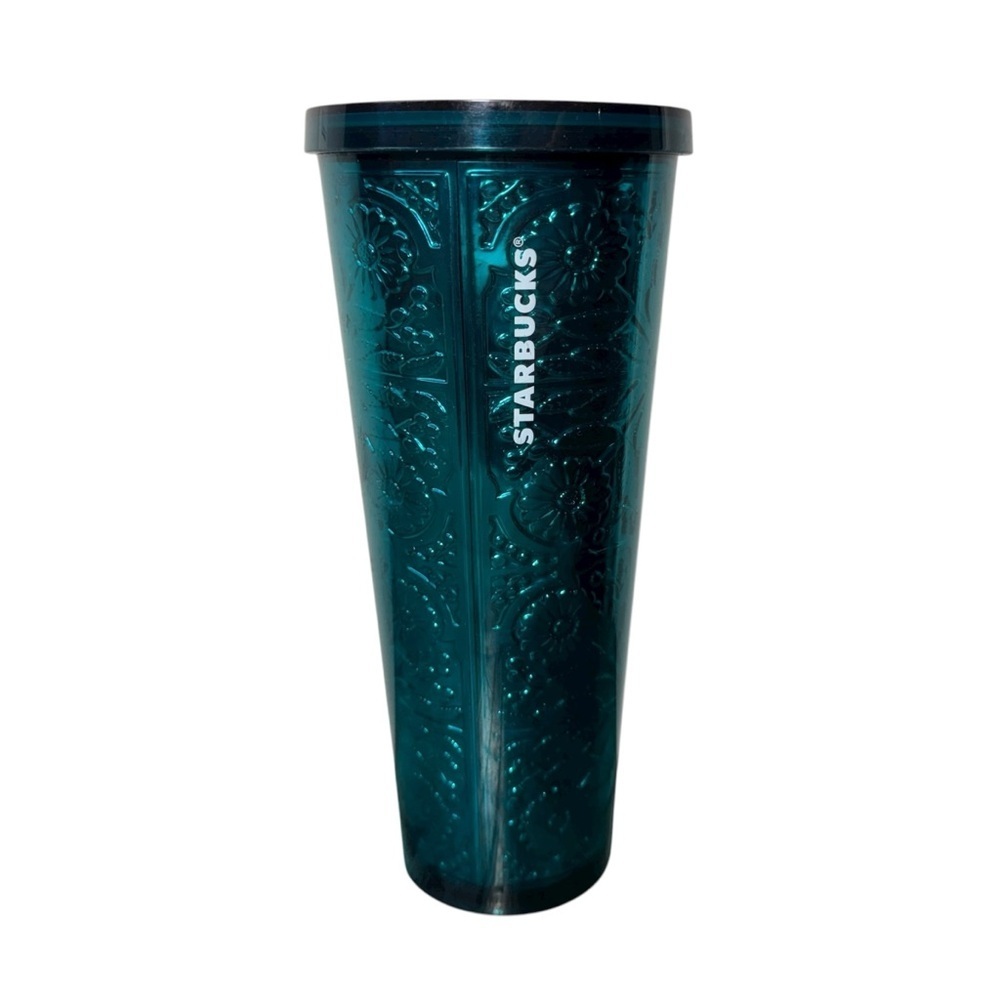 Starbucks Embossed Tin Floral Metallic Teal Tumbler 24 Oz Missing Straw